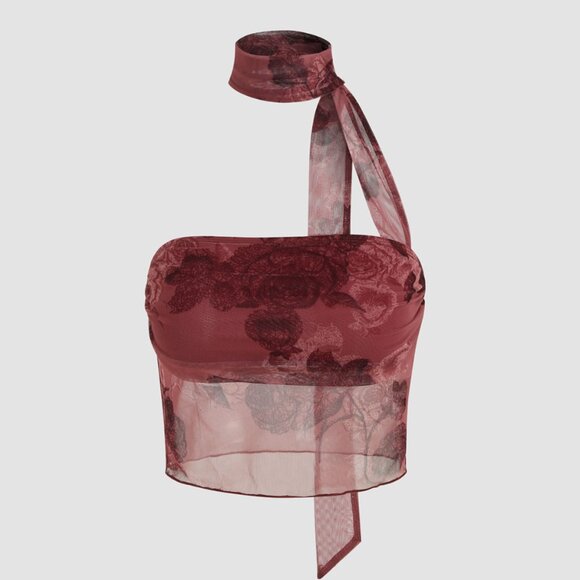 Sold out Sexy Cider Floral Halter Sheer Crop Top in Carmine - XS (US 2) - Picture 3 of 6